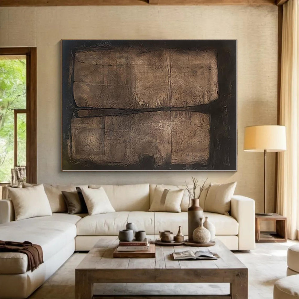 “Brown Textured Diptych” - Brown Abstract Textured Painting On Canvas PS0548