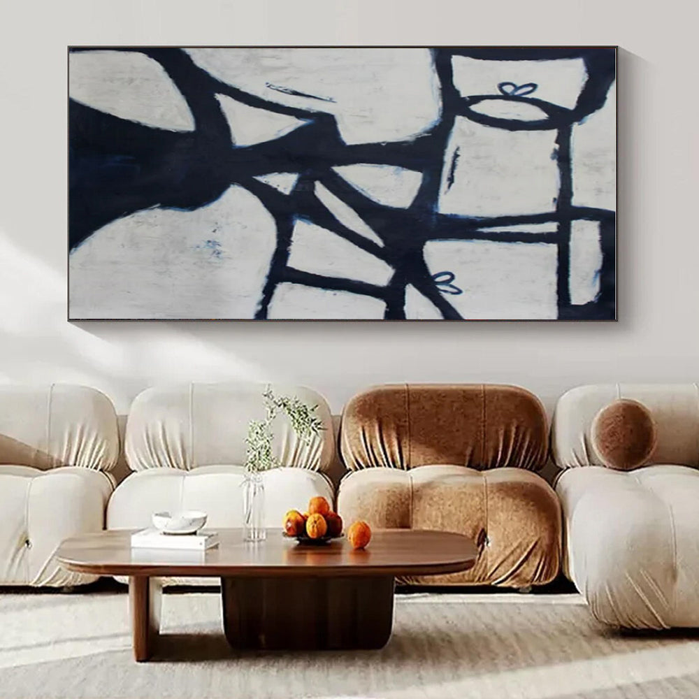 Black, White, Blue with Geometric Forms "Abstract Arbor" Abstract Painting On Canvas PS1418