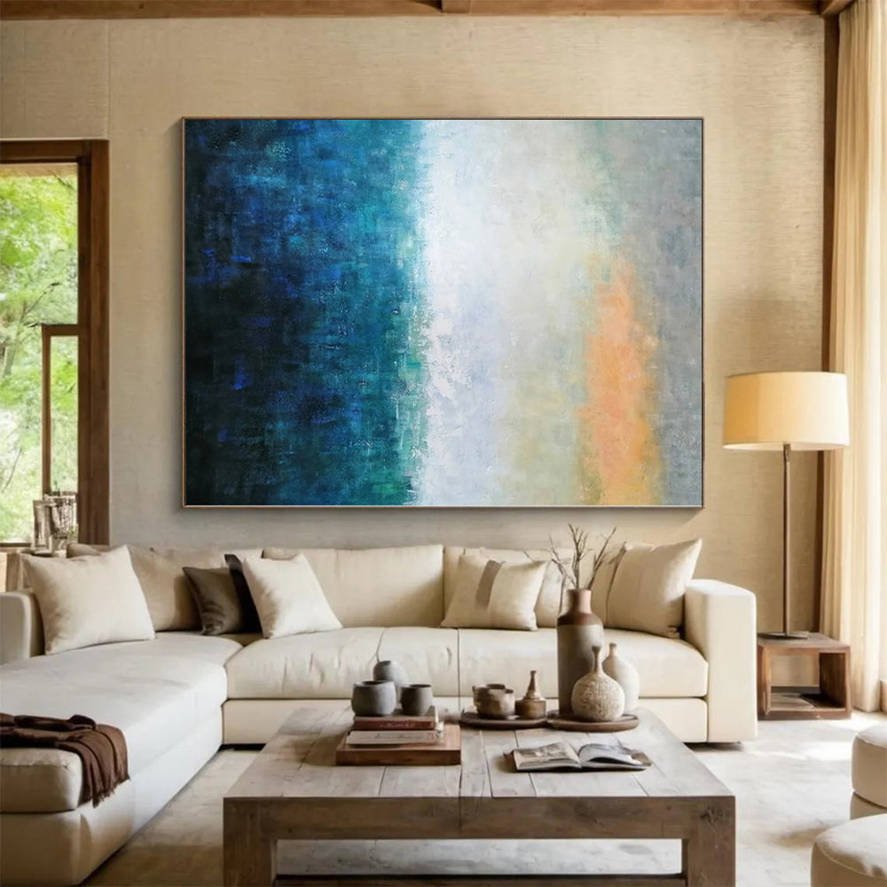 “Blue - Orange Abstract Coastal Horizon” - Serene Seascape Painting On Canvas PS0346