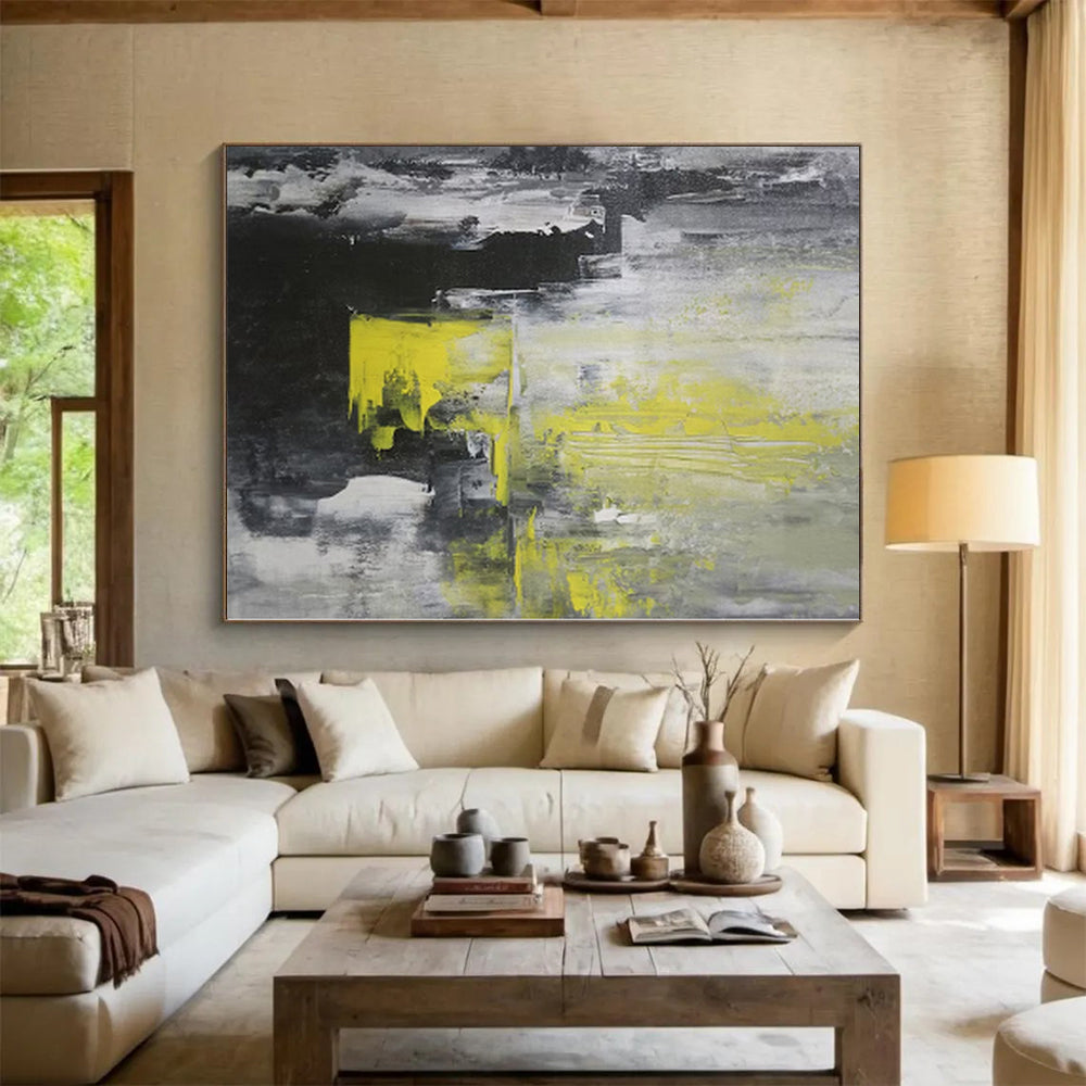 “Gray - Yellow Abstract Urban” - Industrial Abstract Painting On Canvas PS0063