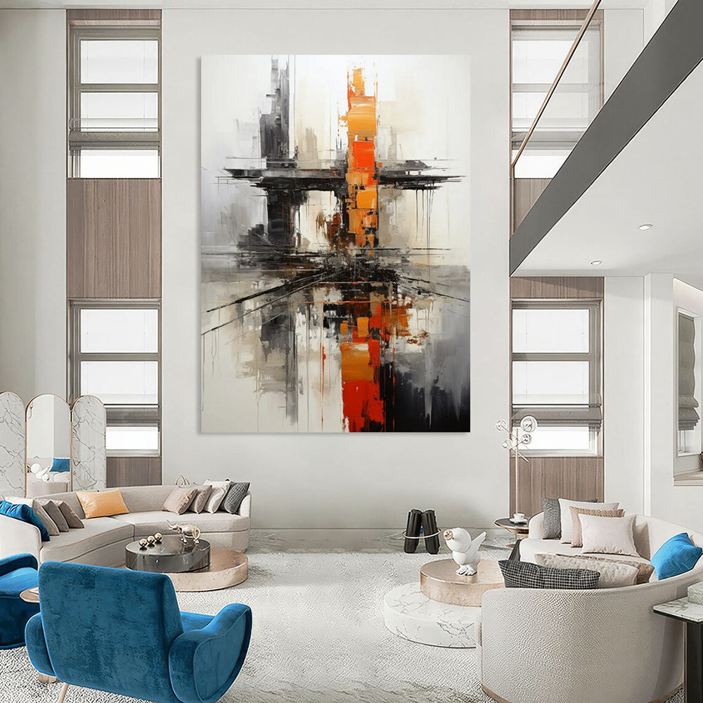 “Urban Abstract in Gray, Black, and Orange” - Industrial Abstract Painting On Canvas PT2265