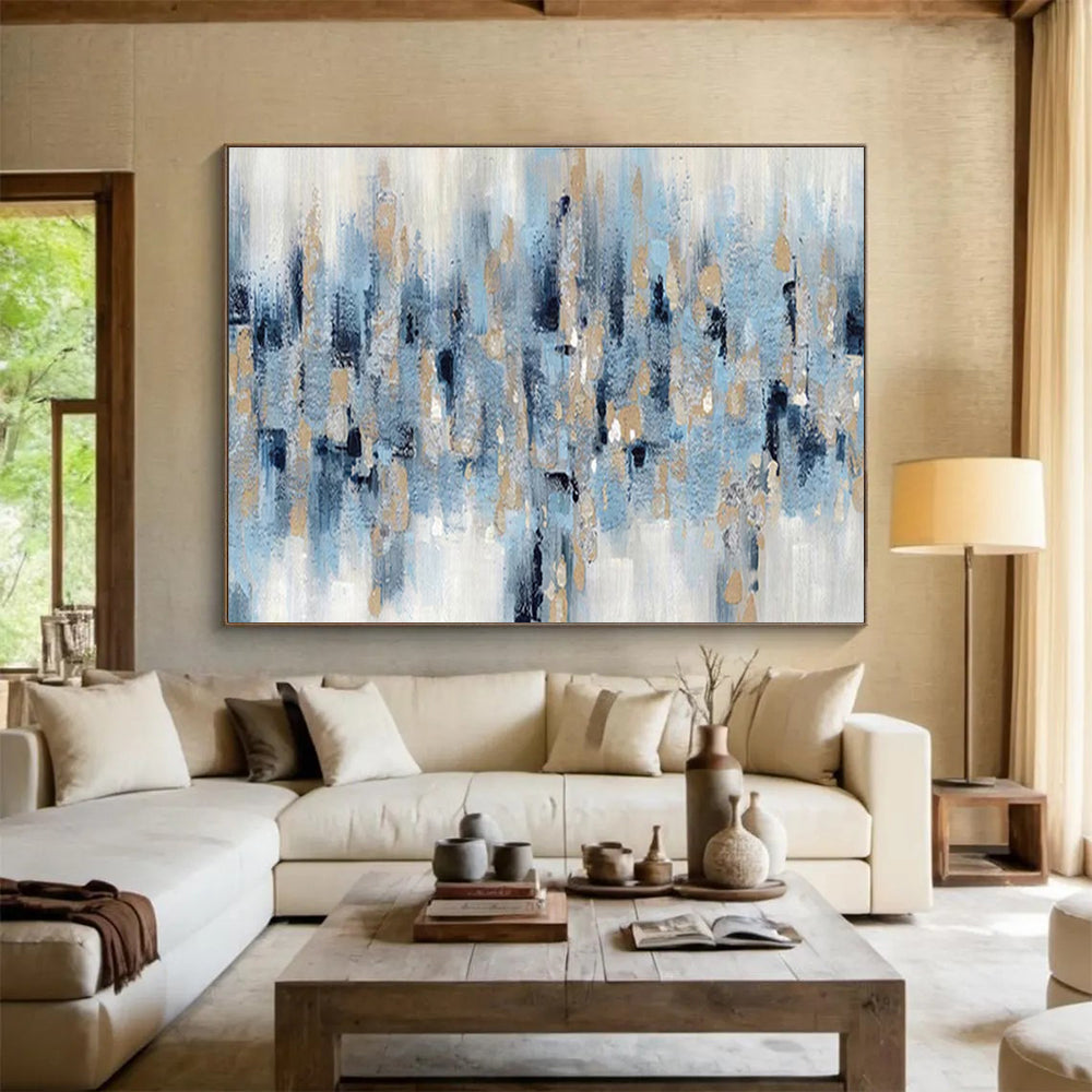 “Blue and Gold Abstract Strokes” - Abstract Acrylic Painting, Ideal for Living Room & Office DKS601