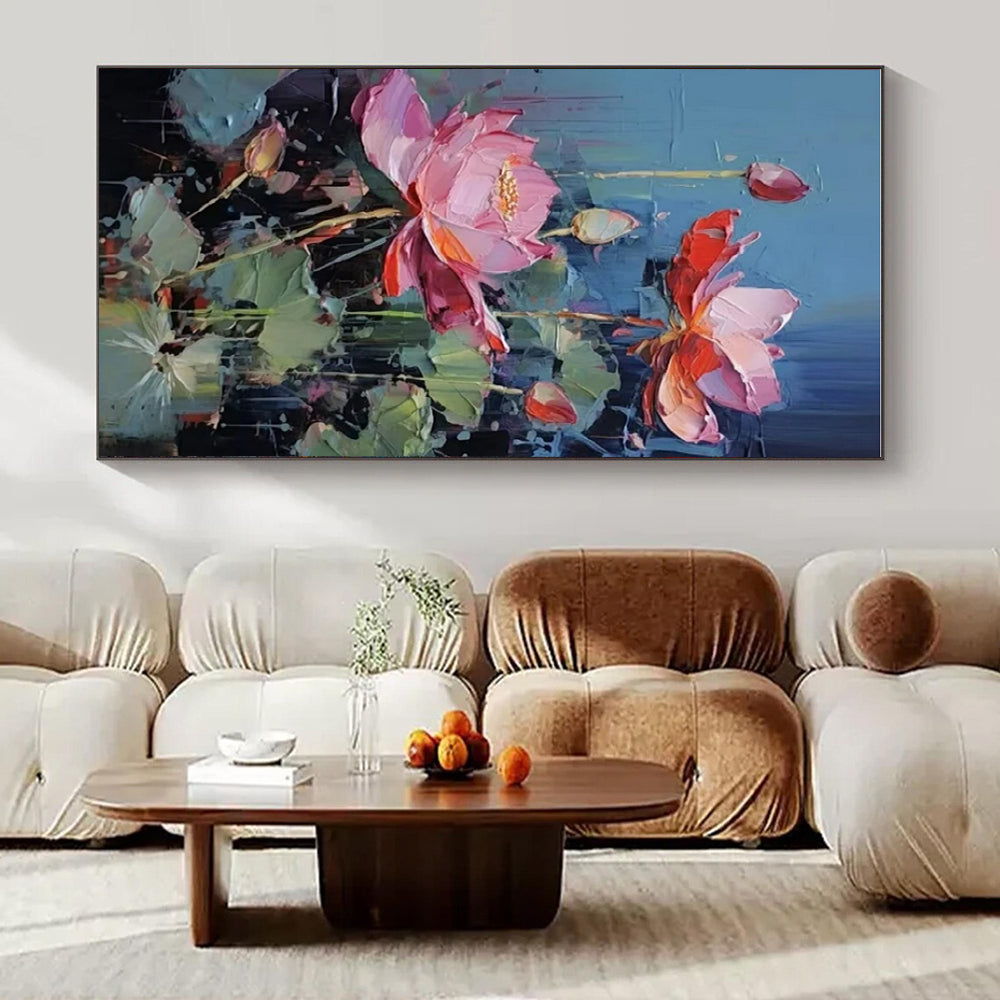 Blue, Pink, Green with Textured Lotus "Vibrant Blooms" Abstract Painting On Canvas PS1436