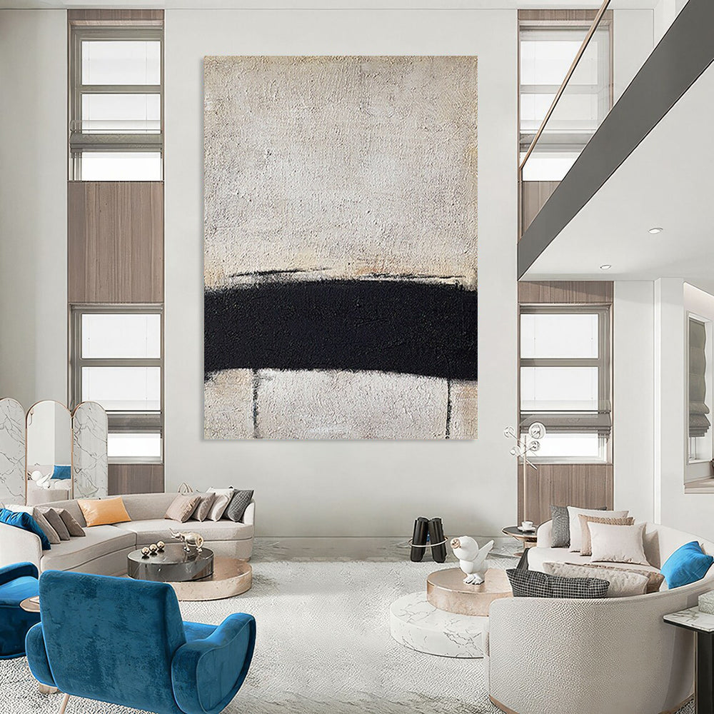 “Black and White Horizontal Line” - Minimalist Abstract Painting On Canvas DS353