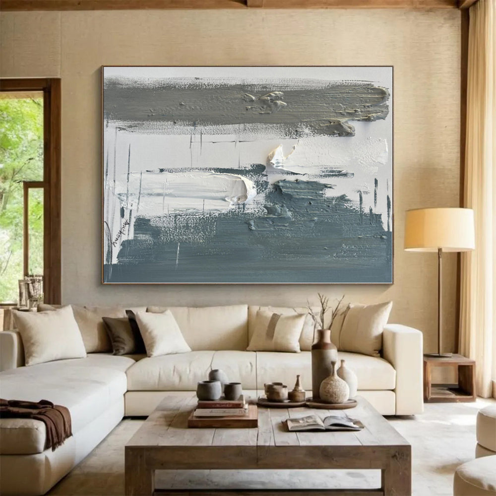 “Gray - White Textured Blocks” - Gray, White Abstract Painting On Canvas PS0494