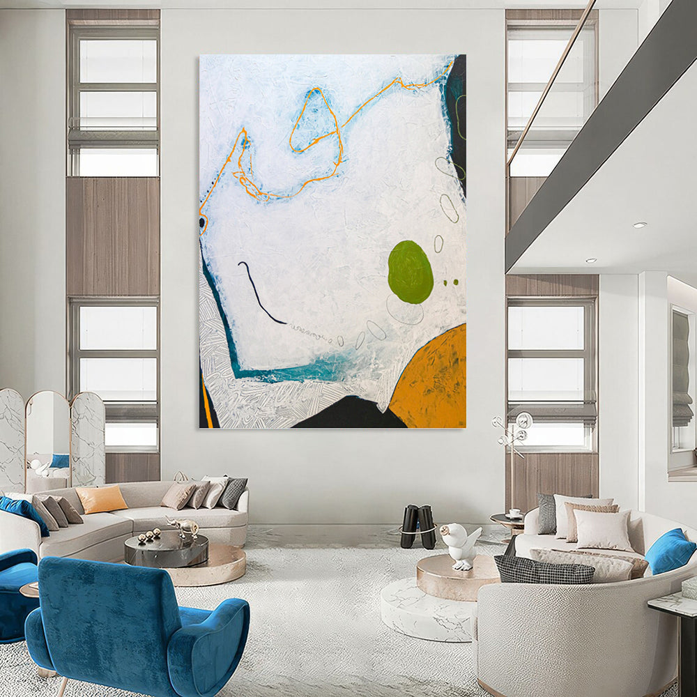 “White - Blue Abstract with Orange & Green” - Playful Abstract Painting On Canvas PT1107