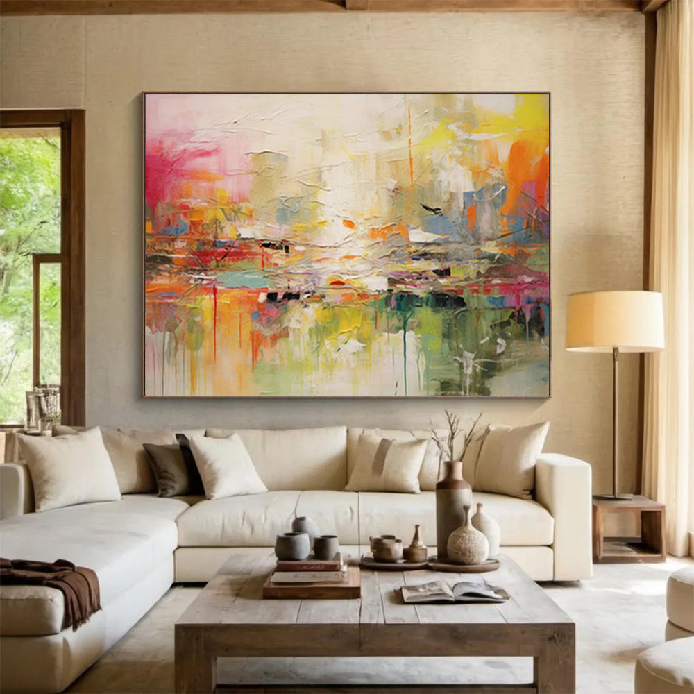 “Dreamy City Impressions” - Soft Pink, Yellow & Blue Abstract Urban, Textured Cityscape Oil Painting On Canvas DKS688