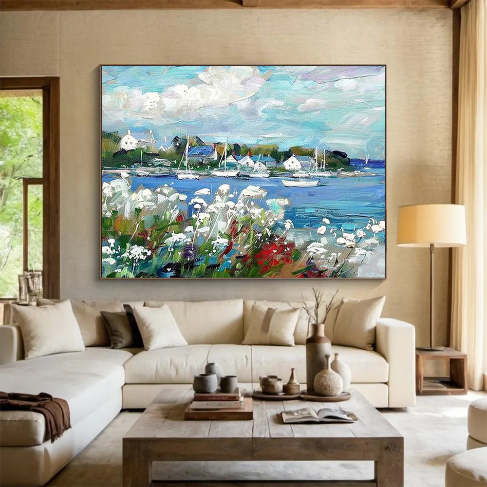 “Impressionistic Coastal Village” - Lively Seascape Painting On Canvas DKS450