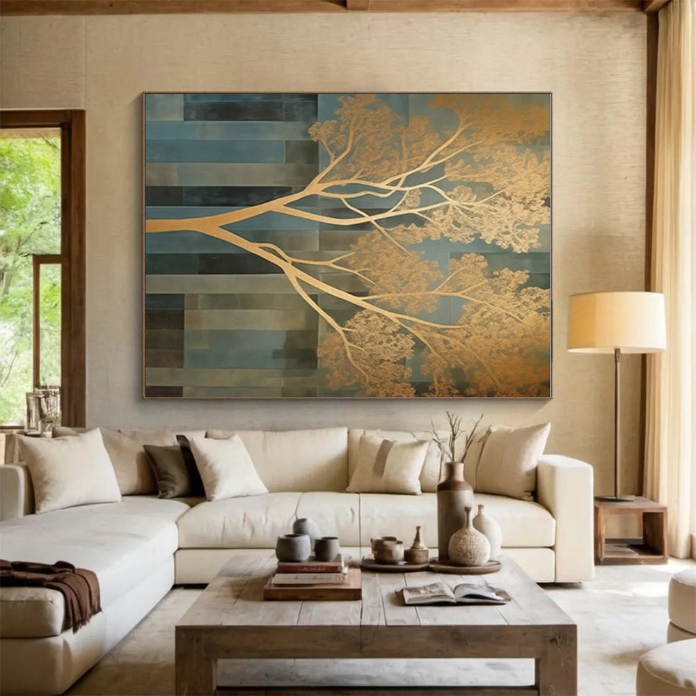 Gold & Blue Abstract Tree Painting On Canvas PS0827