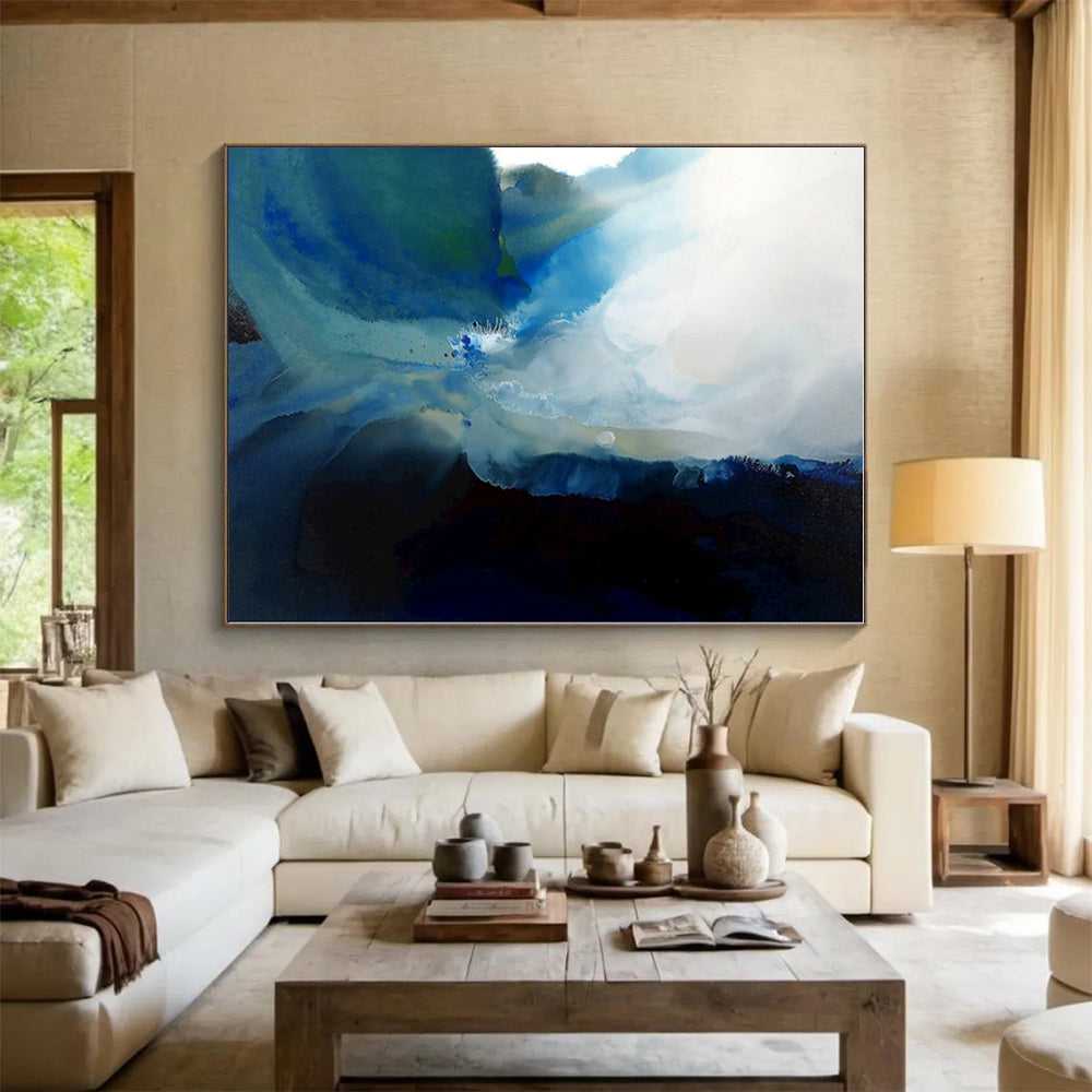 “Blue - Black Abstract Fluidity” - Blue, Black, White Abstract Fluid Painting On Canvas PS0587