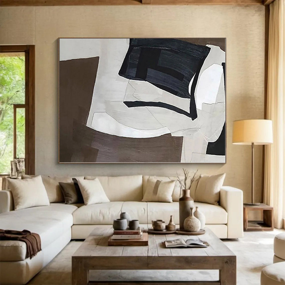 “Monochrome Geometric Forms” - Black, White, Brown Abstract Geometric Painting On Canvas PS0557