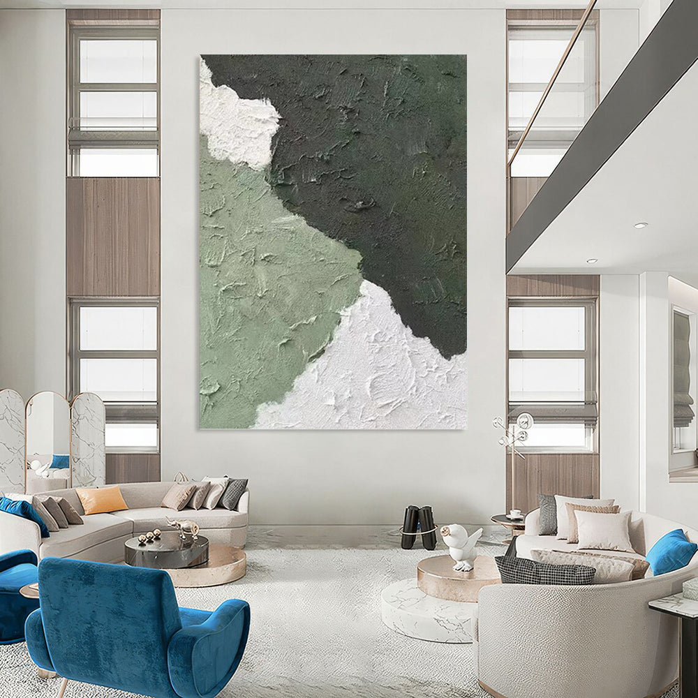 “Green - White Textured Abstract” - Minimalist Abstract Painting On Canvas PT1326