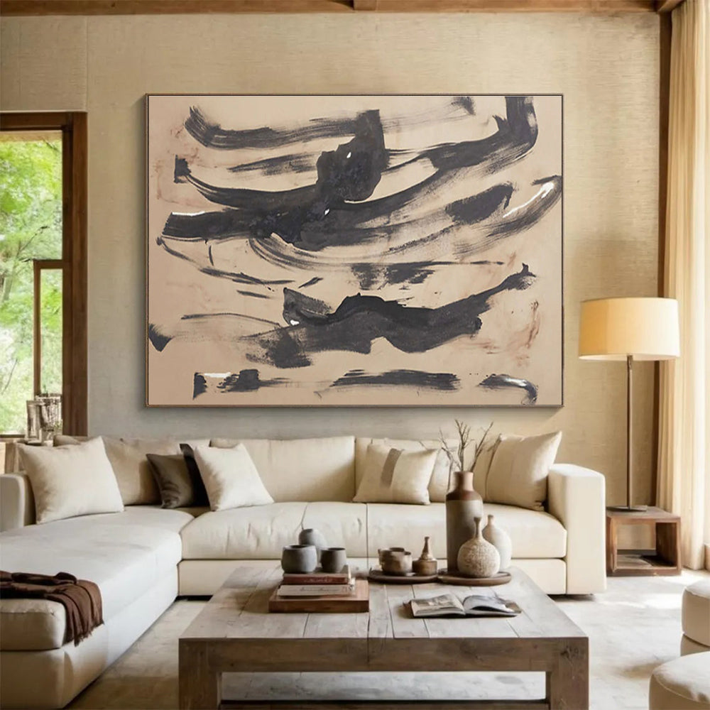 “Ink Wash Abstraction” - Black & Beige Abstract, Minimalist Ink Painting On Canvas DKS735