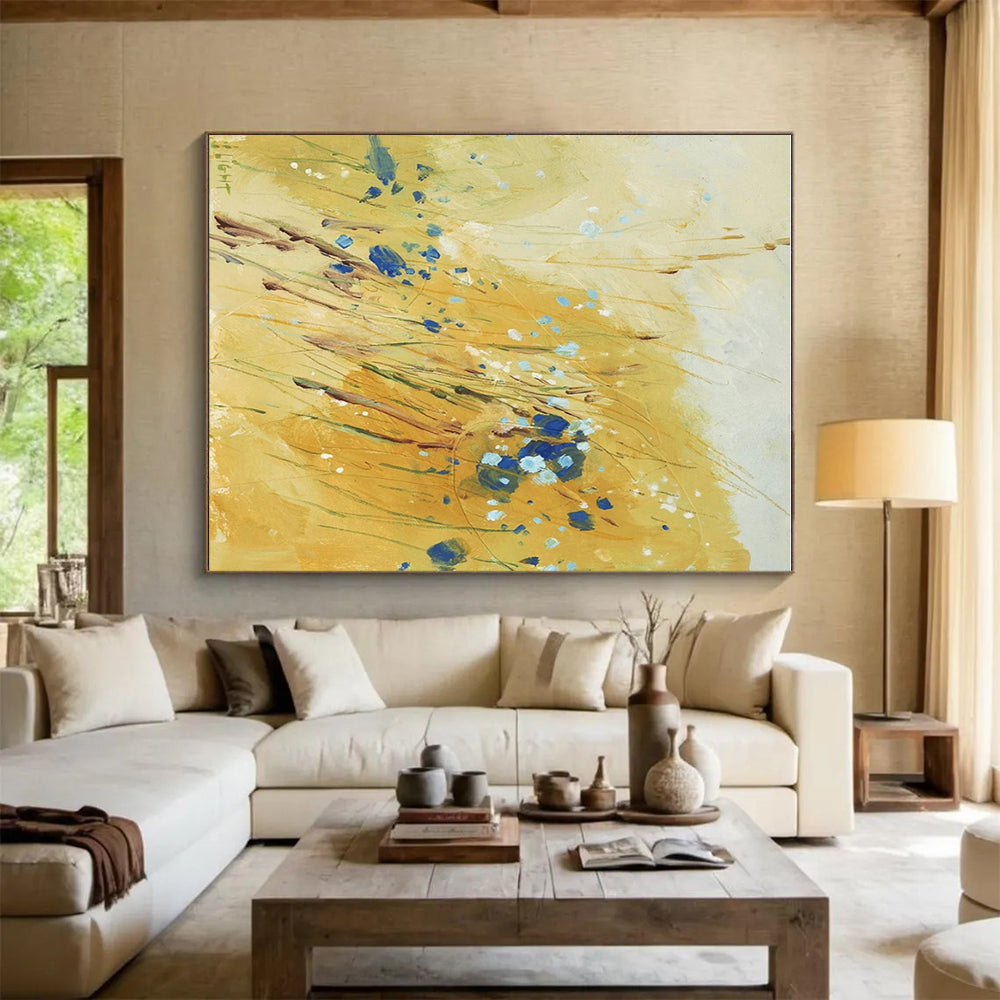 “Golden Field with Blues” - Yellow, Blue Abstract Impressionist Painting On Canvas PS0707