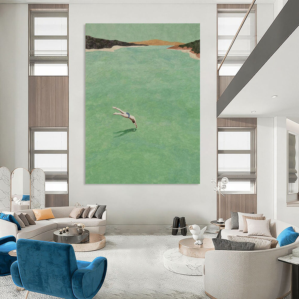 “Diving into Green Water” - Refreshing Landscape Figurative Painting On Canvas DS304
