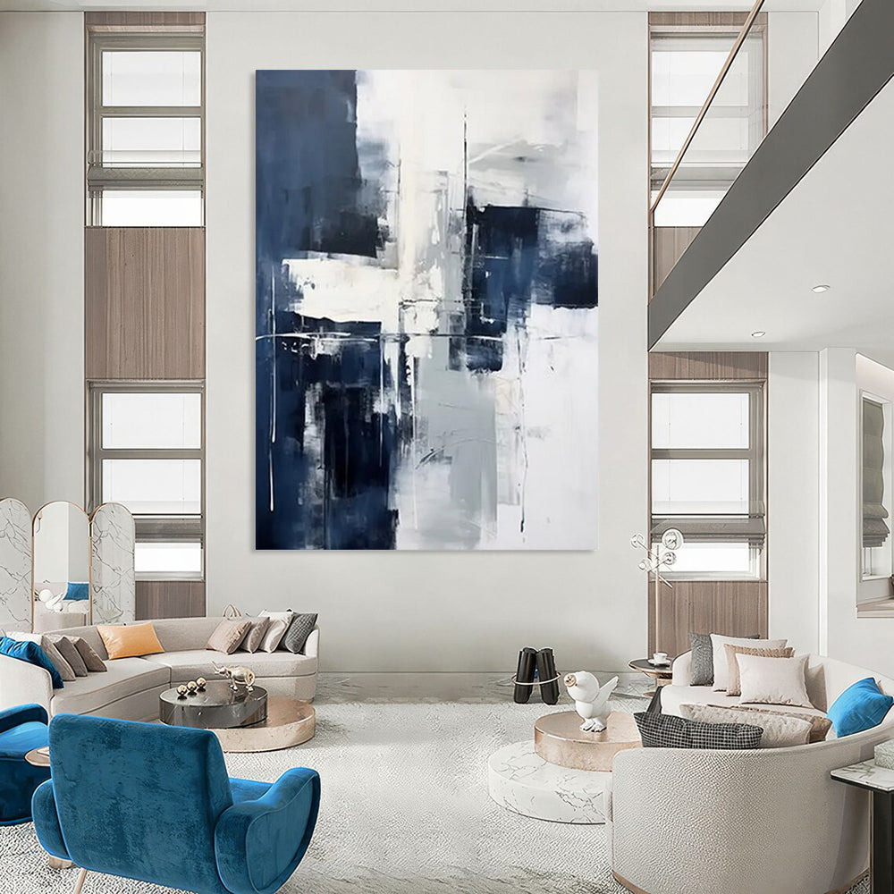 “Monochrome Grid” - Minimalist Blue & White Abstraction Painting On Canvas DS128