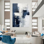 “Monochrome Grid” - Minimalist Blue & White Abstraction Painting On Canvas DS128