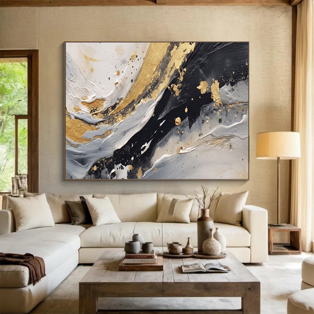 “Gold Splashes & Monochrome Waves” - Abstract Expressionist - Painting On Canvas PT1710