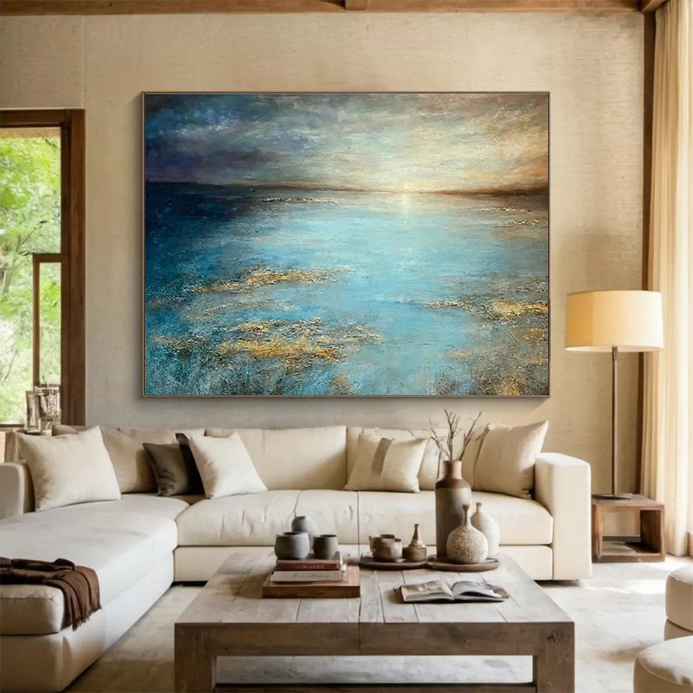 “Tranquil Blue Sea” - Blue, Gray & Gold Seascape, Impressionistic Oil Painting On Canvas DKS771