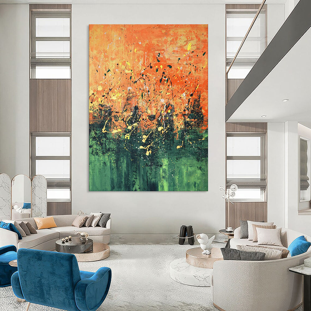 “Vibrant Orange and Green Abstract Splatter” - Abstract Expressionist Painting On Canvas PT1939