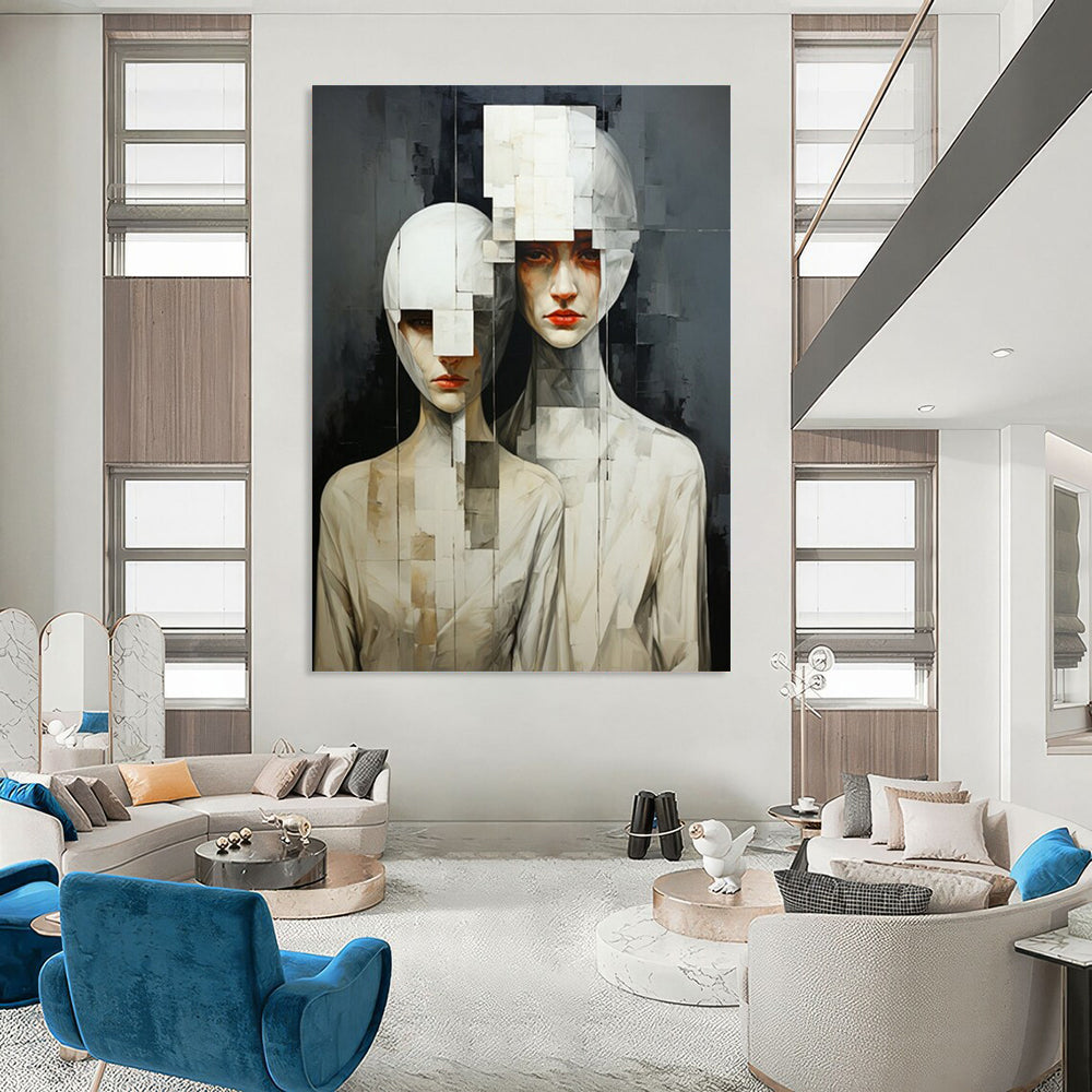 “Monochrome Fragmented Figures” - Surrealist Painting On Canvas PT2203