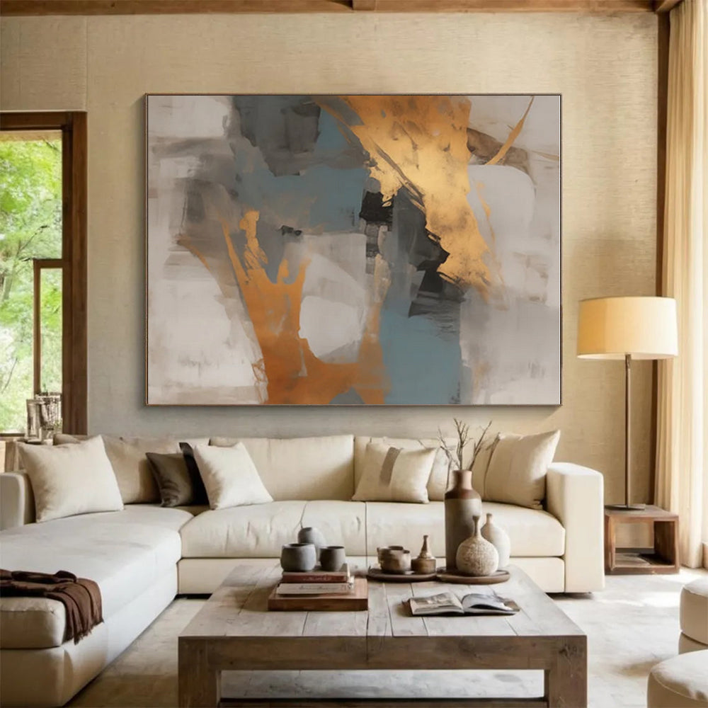 Gray, Gold & Blue Abstract Blocks "Skyward Harmony" Painting On Canvas PS0848
