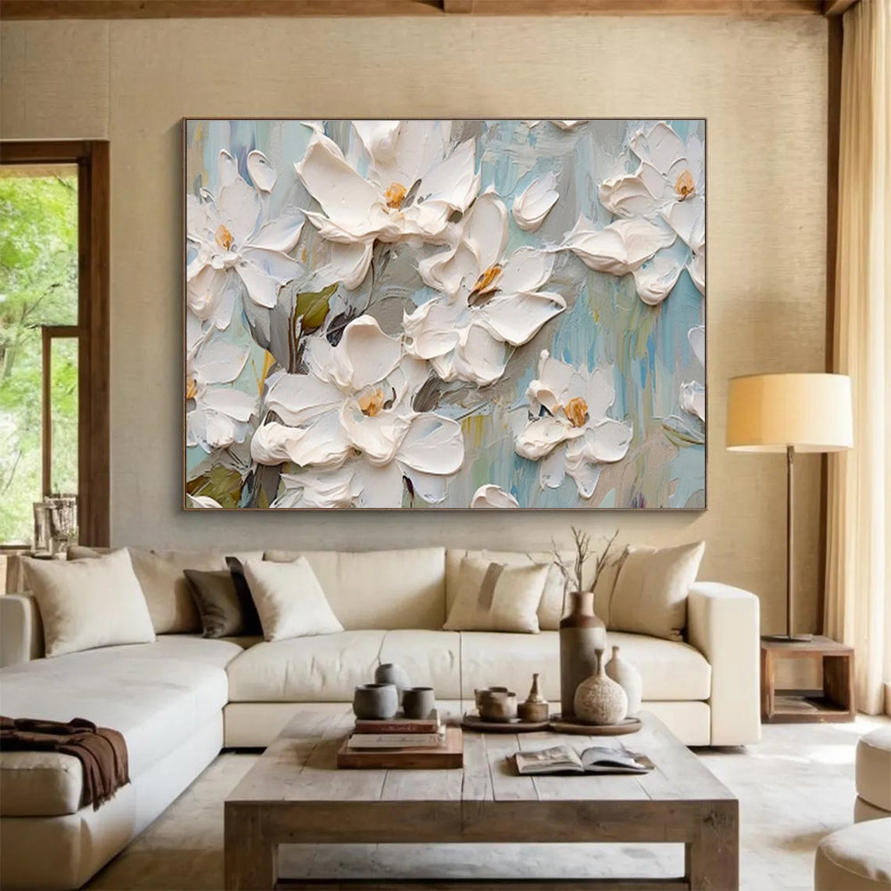 “Blossoming Serenity” - White, Green & Blue Floral, 3D - Textured Flower Acrylic Painting On Canvas DKS686