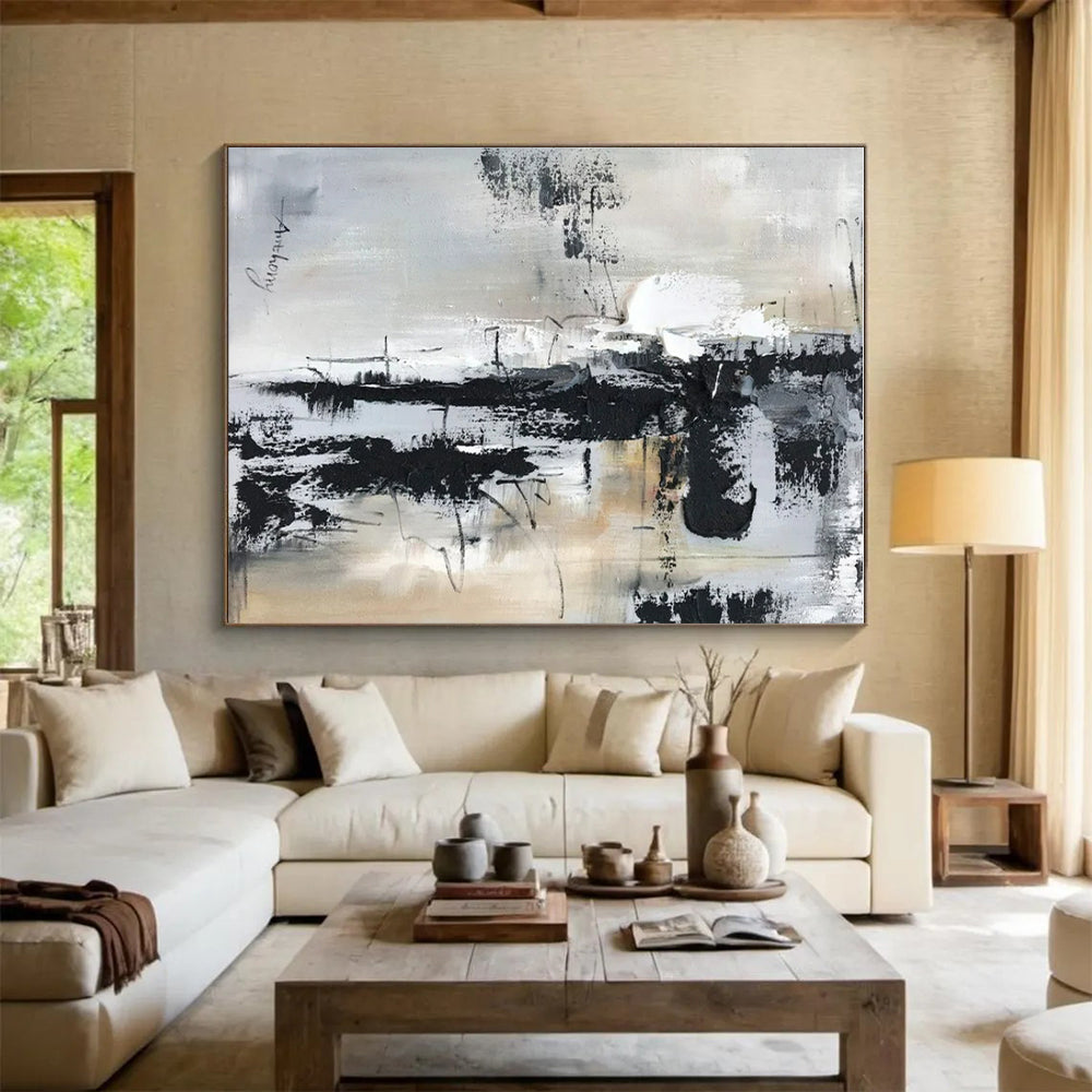 Black, White, Gray Layered Chaos “City Mosaic” - Painting On Canvas PS0799