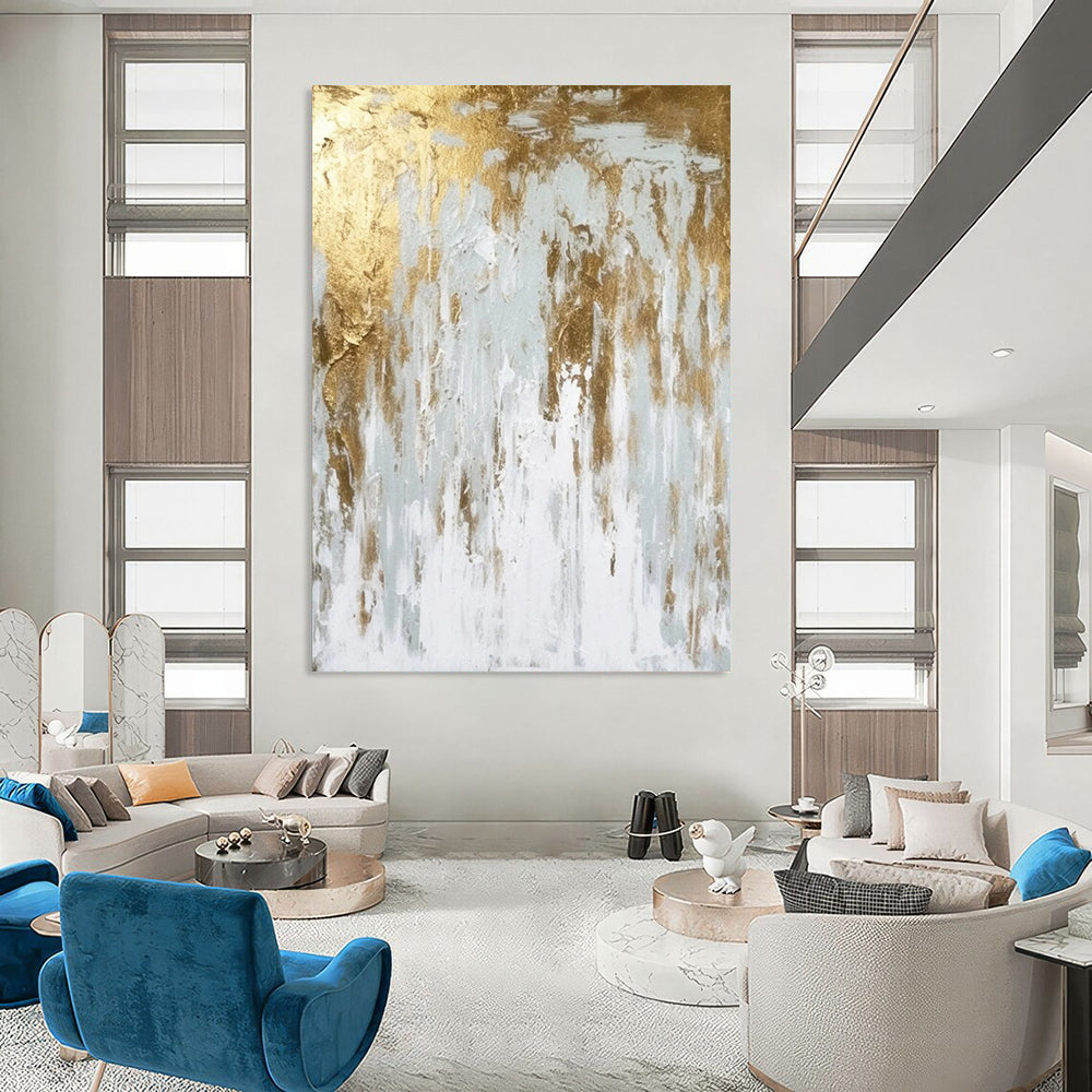 White - Gold Abstract Flow Textured Painting On Canvas DS074