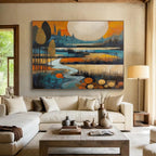 “Color - Blocked Landscape with River and Moon” - Cubist Landscape Painting On Canvas PT086