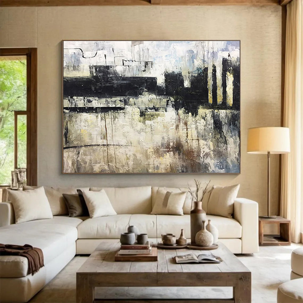 “Monochromatic Urban Abstract” - Black, White & Gray Abstract Cityscape, Moody Oil Painting On Canvas DKS717