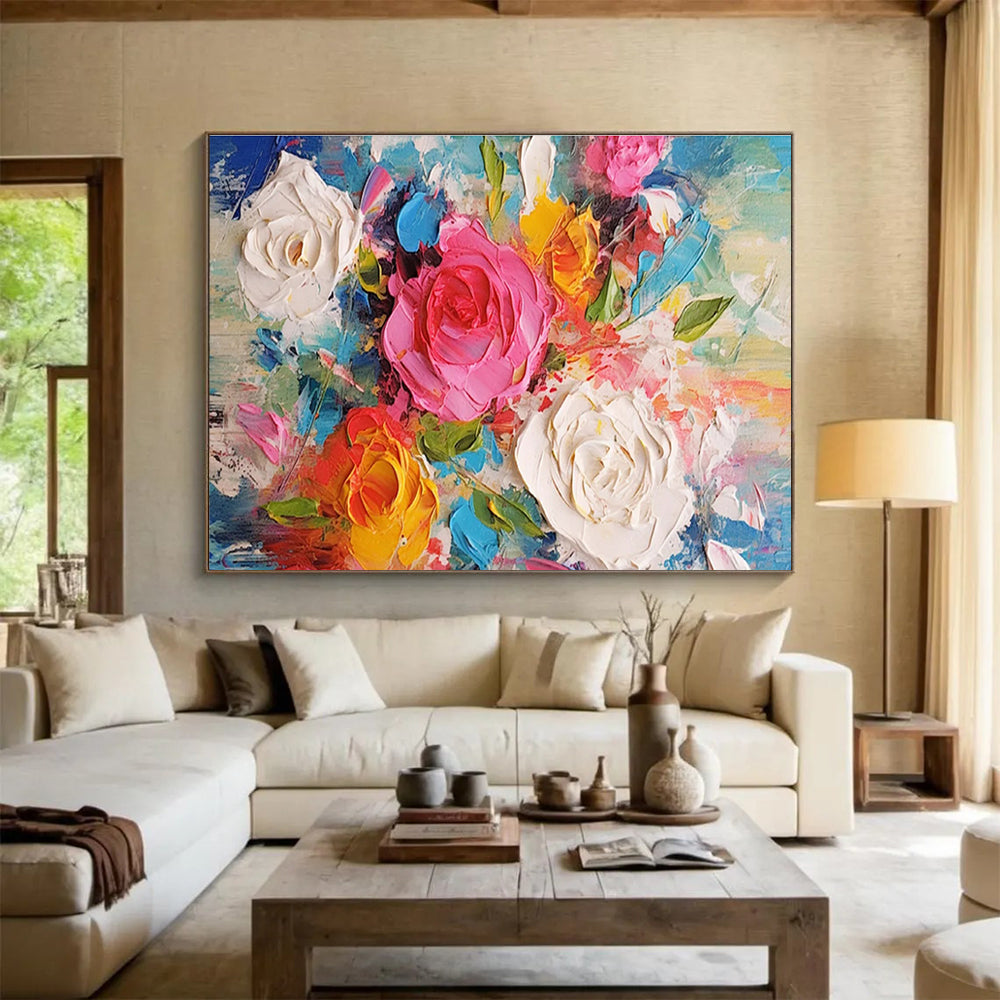 “Textured Rose Bouquet” - Impasto Oil Painting On Canvas DKS884
