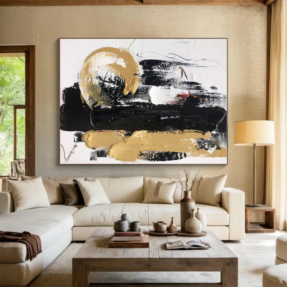 “Black - Gold Opulent Strokes” - Black, Gold, White Abstract Painting On Canvas PS0509