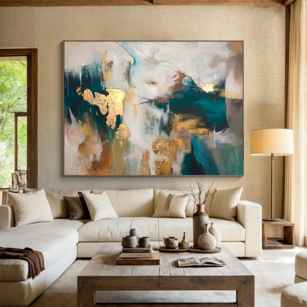 “Teal - Gold Abstract Shapes” - Rich Tones “Opulent Waves” Painting On Canvas PT1632