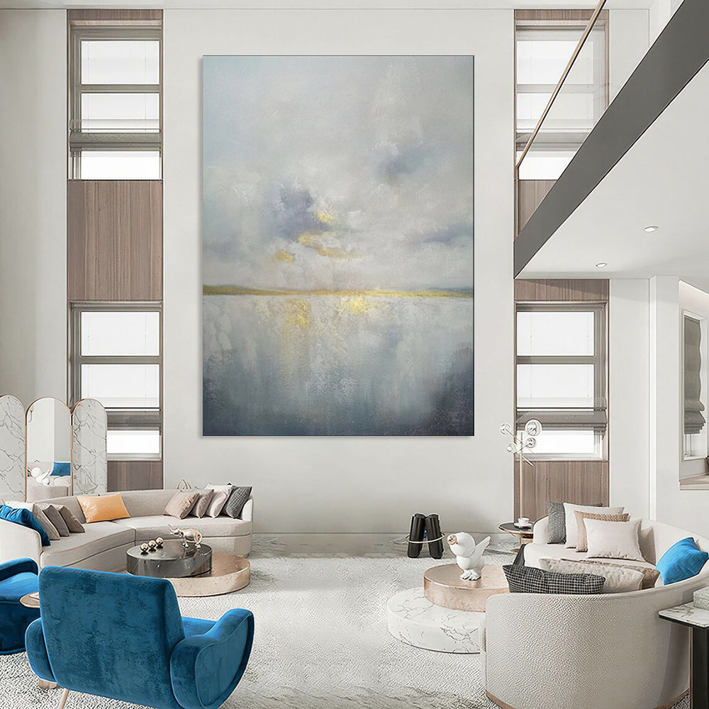 “Gray - Toned Abstract Sky and Water with Gold Accents” - Abstract Landscape Painting On Canvas PT1903