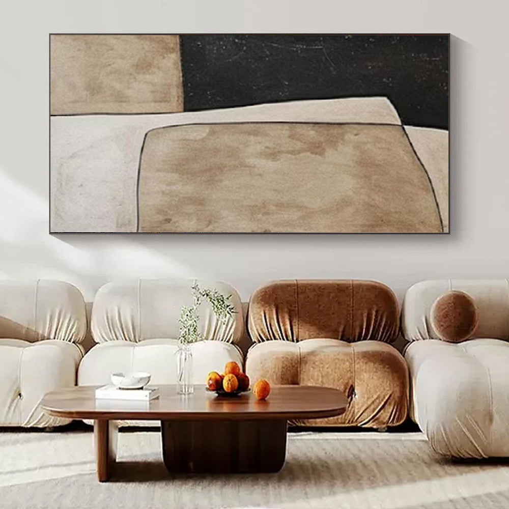 Beige, Black and White with Geometric Shapes "Vintage Geometry" Abstract Painting On Canvas PS1109