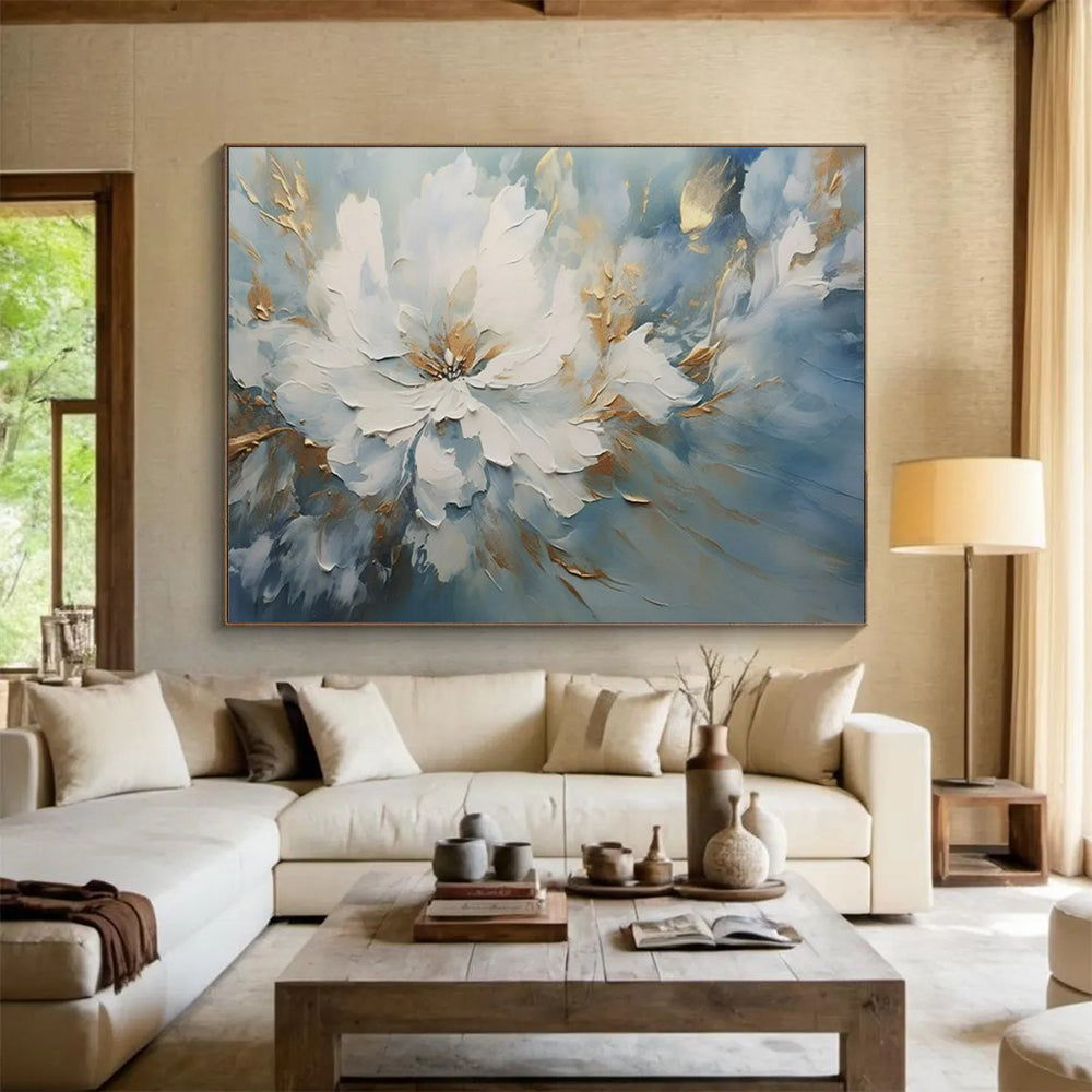 “White Flower with Blue - Gold Background” - Impasto Floral - Painting On Canvas PT1756
