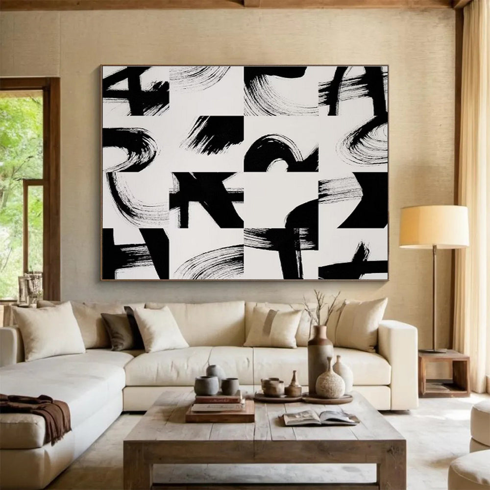 “Geometric Black - White Brushstrokes” - Modern Abstract Painting On Canvas DKS447