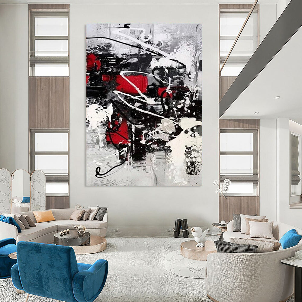 “Dynamic Red, Black, and White Abstract” - Energetic Abstract Painting On Canvas DS383