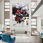 “Dynamic Red, Black, and White Abstract” - Energetic Abstract Painting On Canvas DS383