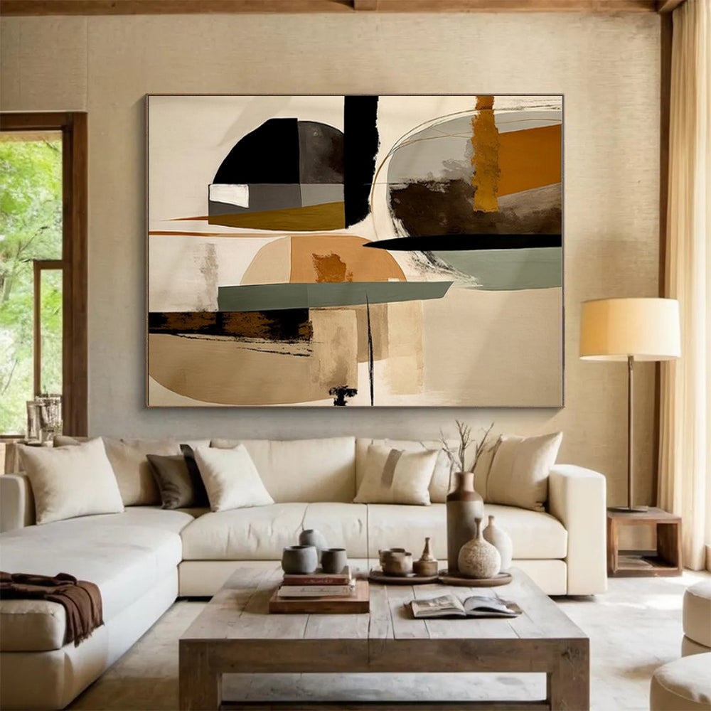 “Geometric Earth - Tone Fusion” - Brown, Green, Gray, White Abstract Geometric Painting On Canvas PS0753