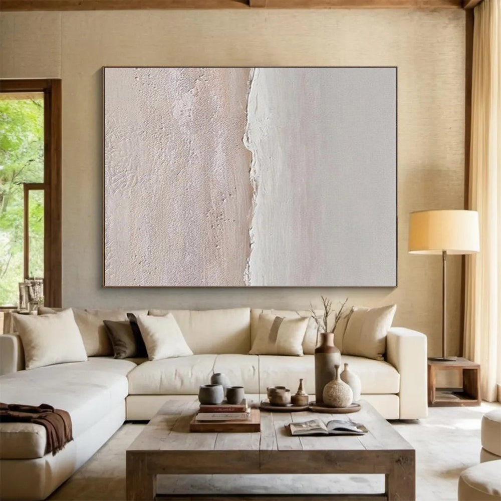 “Textured Beach Shore” - Beige, White Abstract Seascape Painting On Canvas PS0666