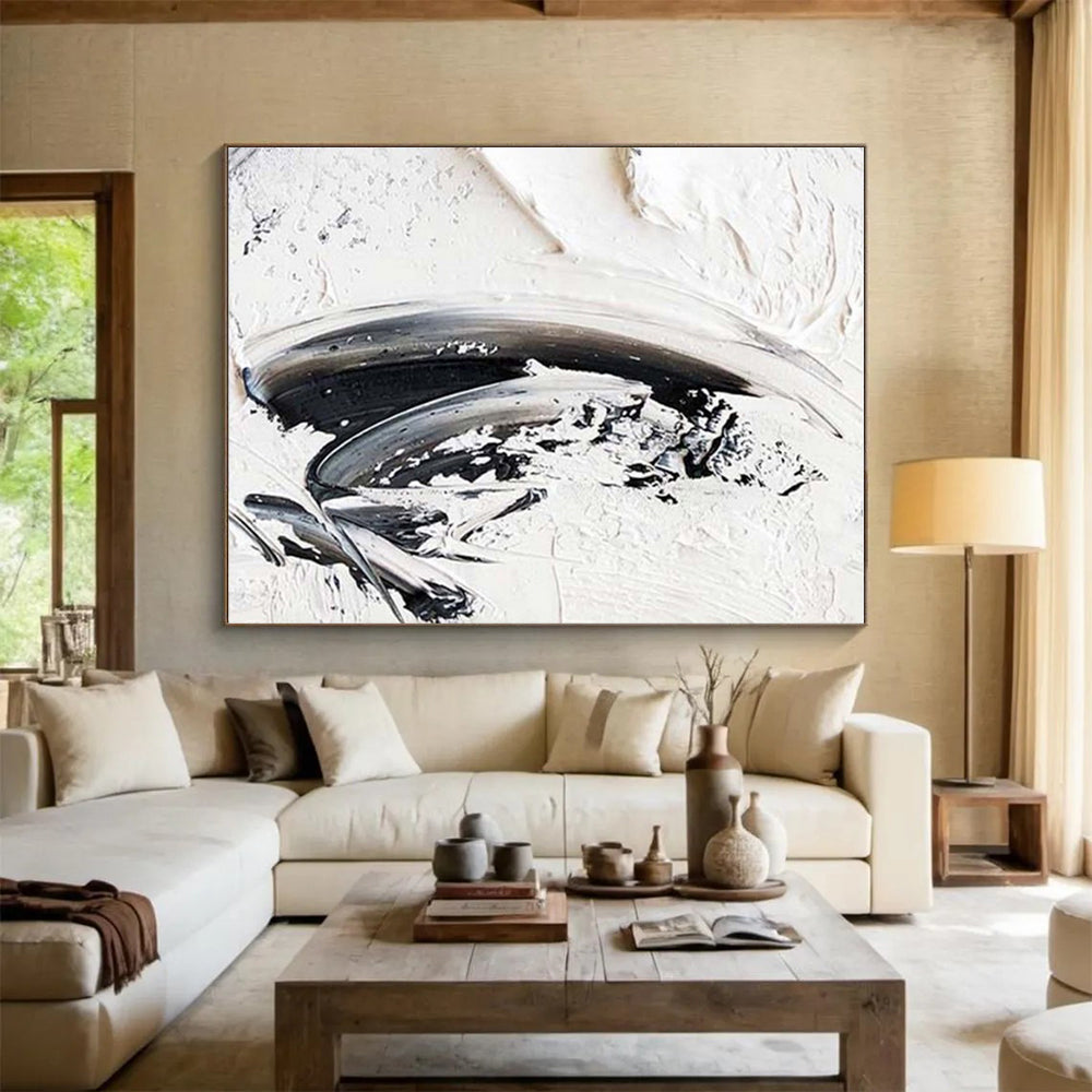“Black - White Textured Strokes” - Black, White Abstract Minimalist Painting On Canvas PS0701