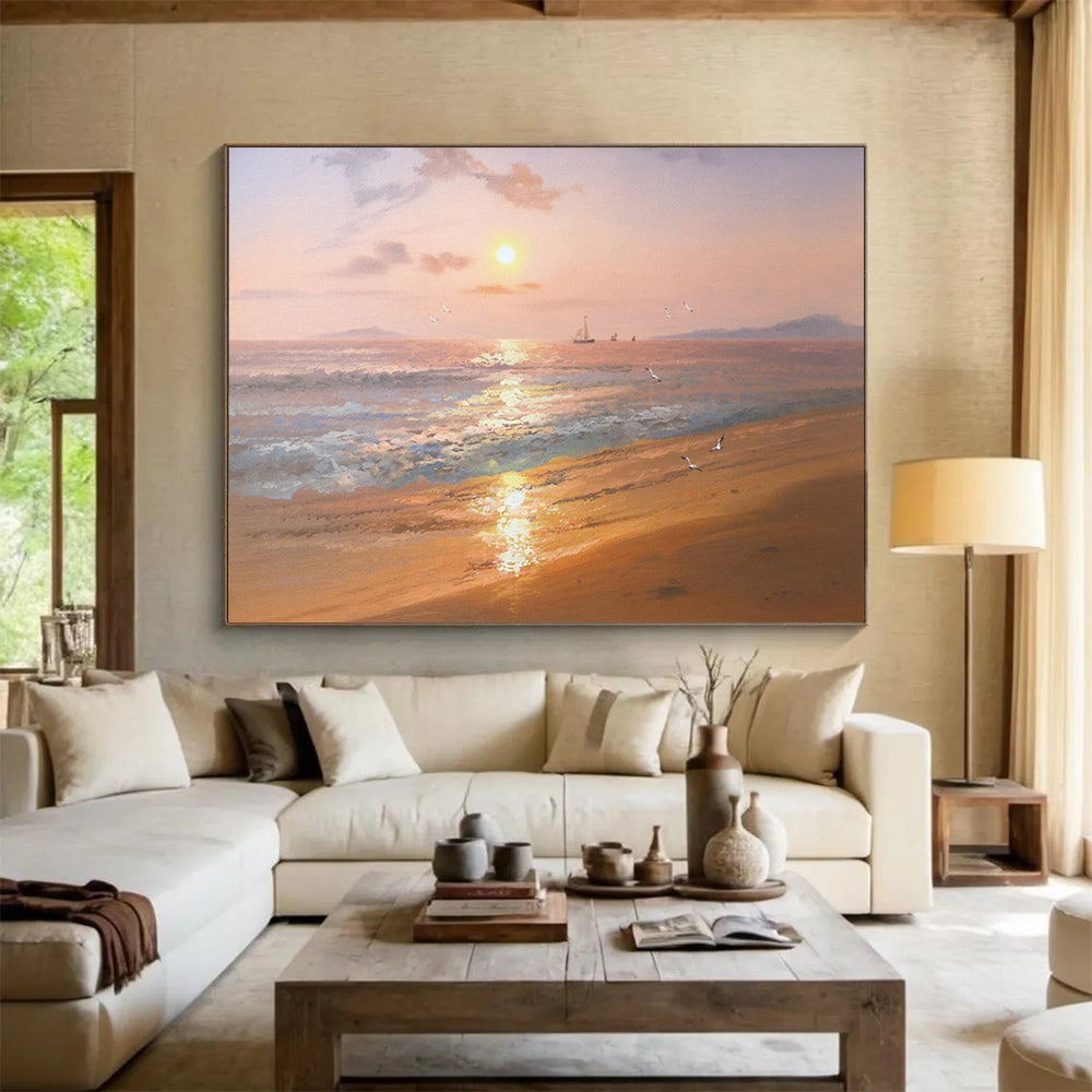 “Orange - Pink Sunset Seaside” - Impressionistic Landscape Painting On Canvas PT269