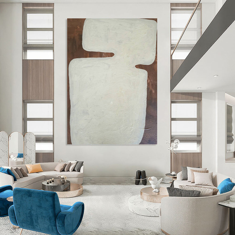 “White Geometric Form on Brown” - Textured Abstract Painting On Canvas PT1082