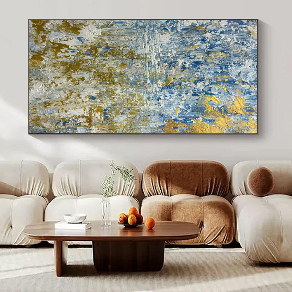 Blue and Gold Textured Blend - Abstract Impasto Waves Painting On Canvas PS1224