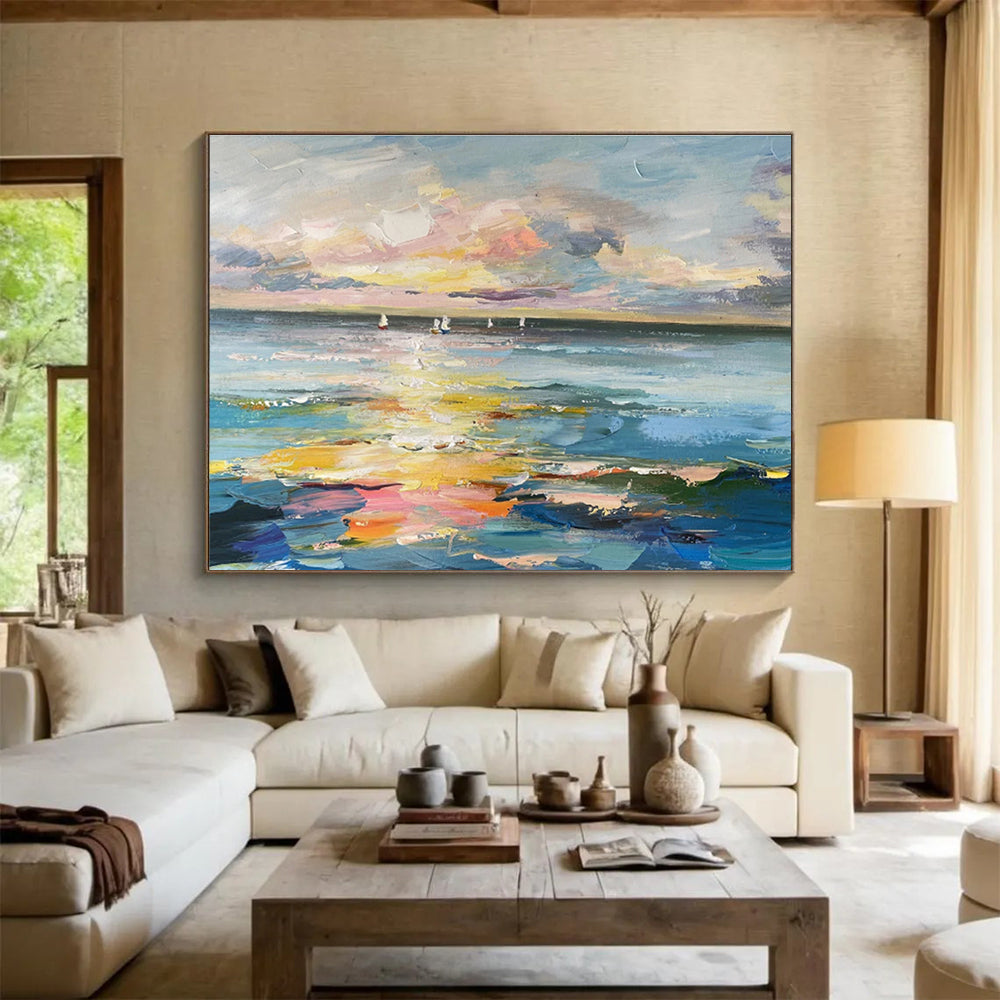 Sunset Sails Over Color - Drenched Sea Impressionist Maritime Painting On Canvas DKS115