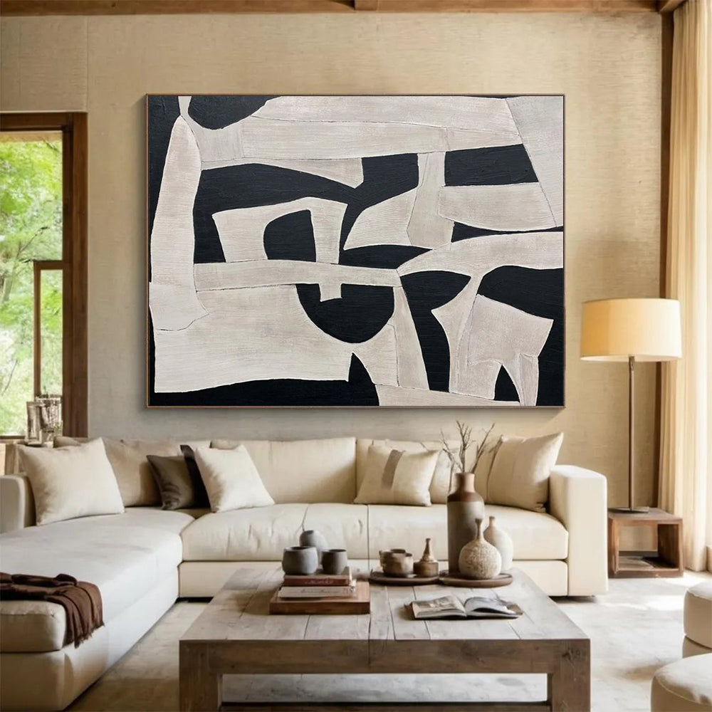 “Black and White Geometric Shapes” - Cubist Abstract Painting On Canvas PT093