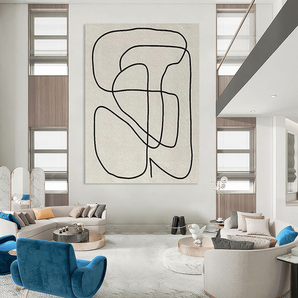 “Black Curved Lines on Beige” - Minimalist Line Art Painting On Canvas PT1136