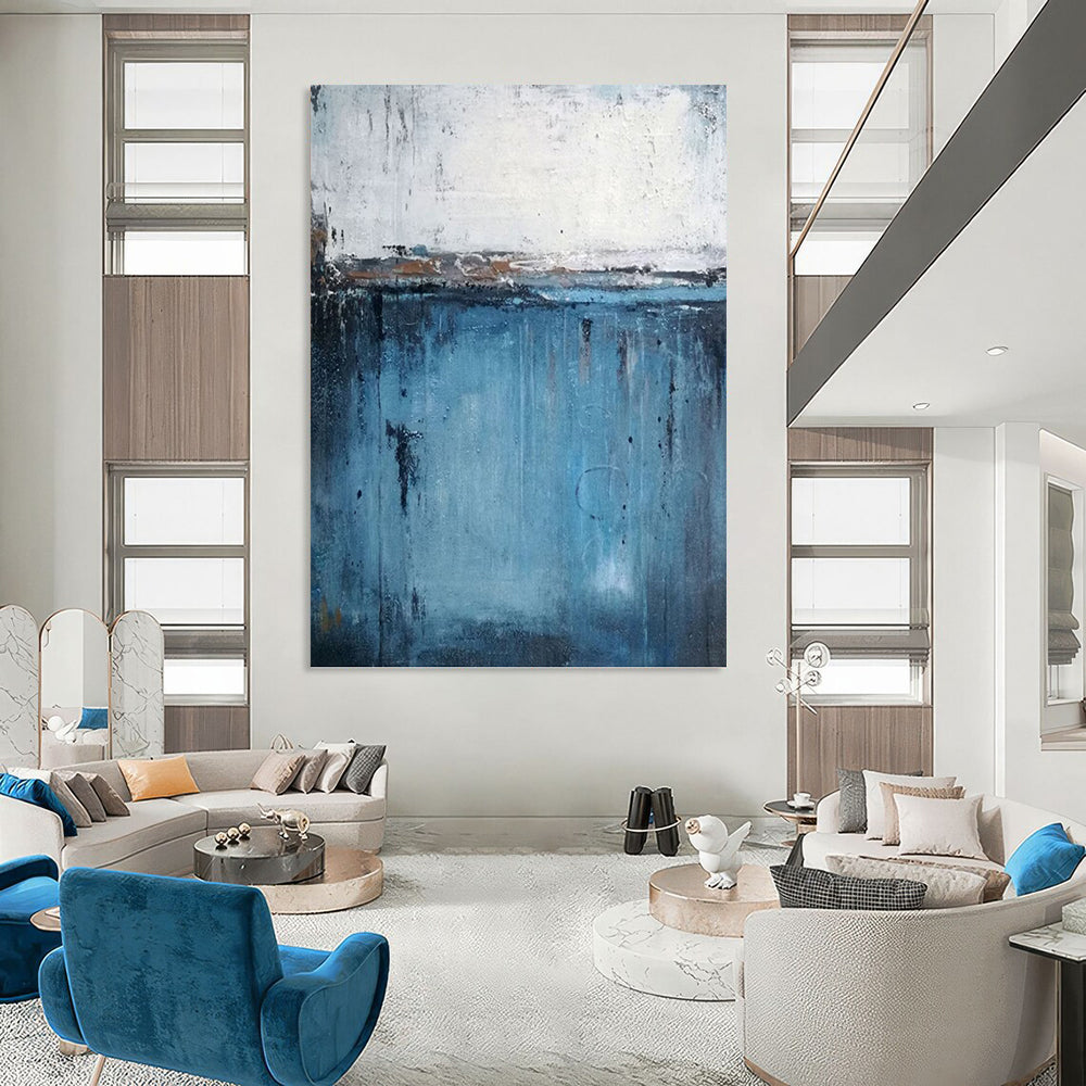 “Blue and White Abstract Horizon” - Minimalist, Serene - Styled Painting On Canvas PT1558